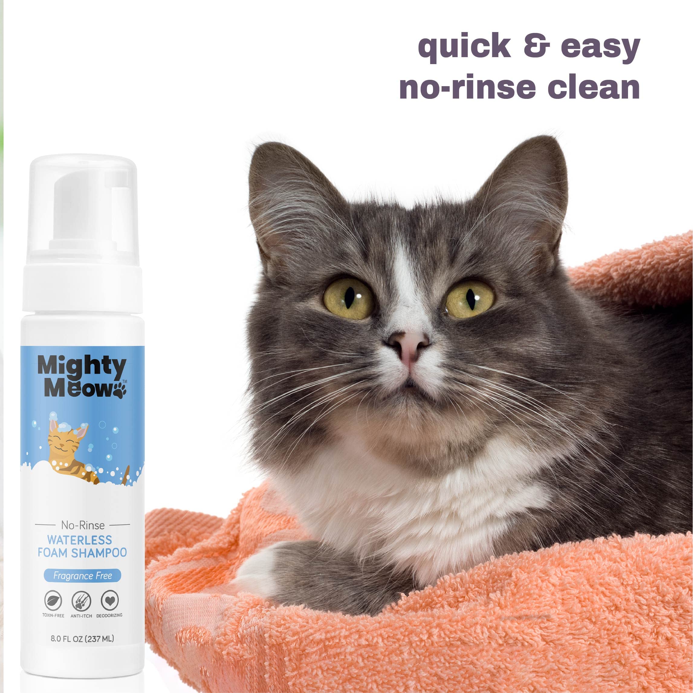 Mighty Meow fragrance-free label highlights hypoallergenic formula.
