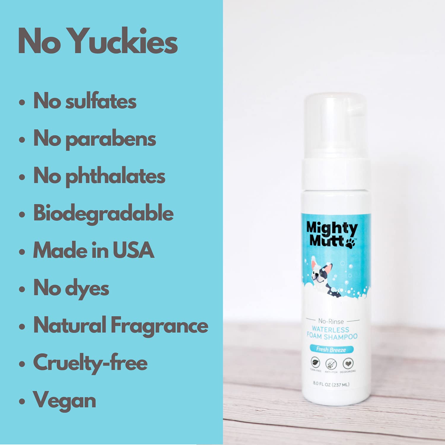 Mighty Mutt no-rinse foam delivers quick grooming without rinsing water.
