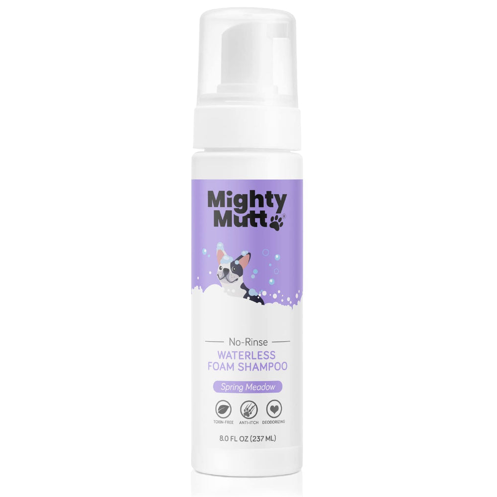 Mighty Mutt waterless shampoo foam pour for quick, mess-free cleaning.