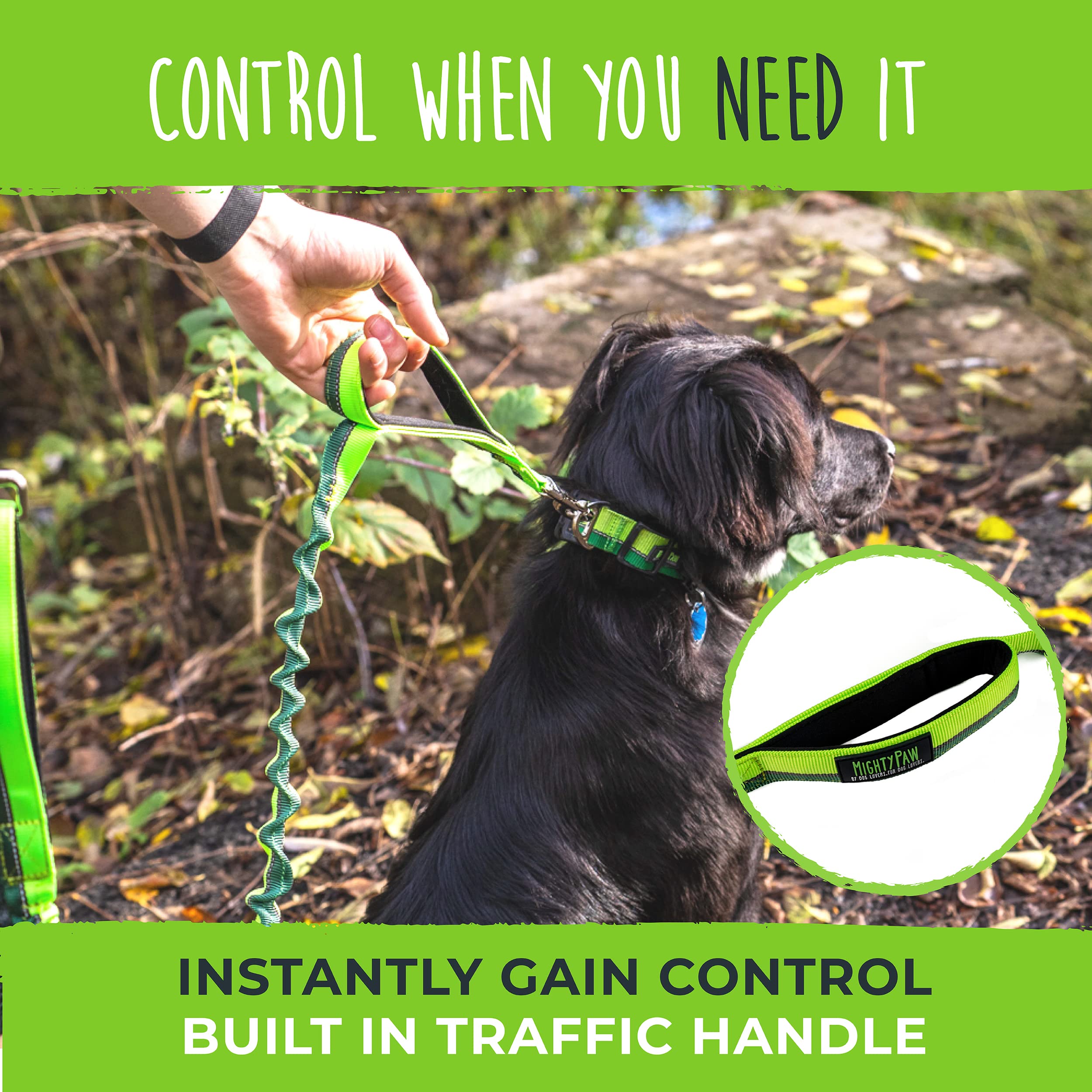 Mighty Paw adjustable waist belt showing 27–48 inch range for a secure fit