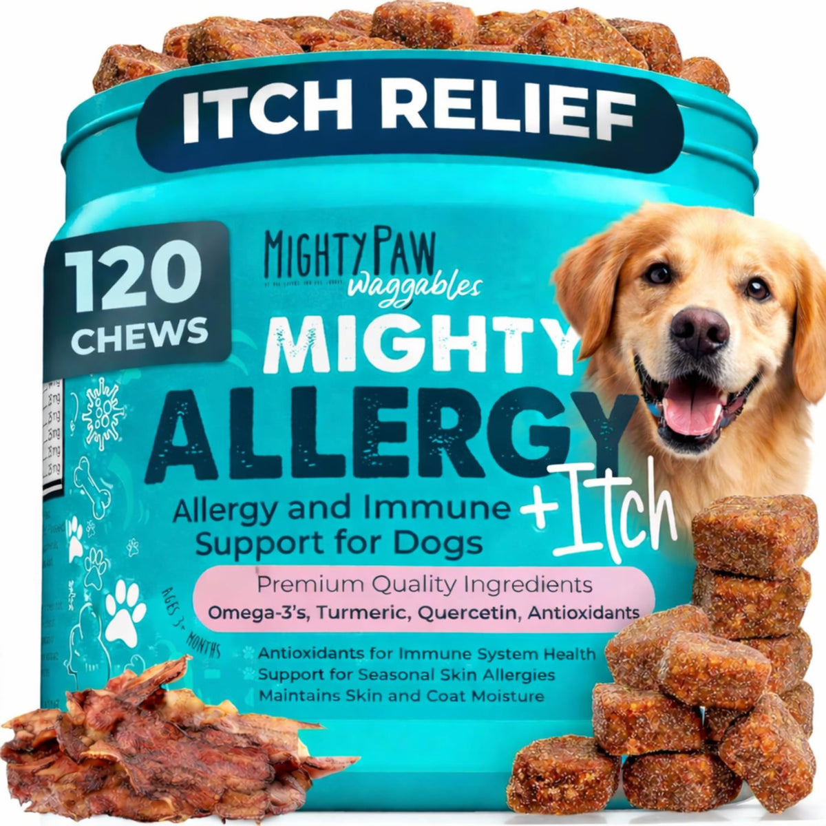 Mighty Paw bacon-flavored dog chews for itch-prone dogs.