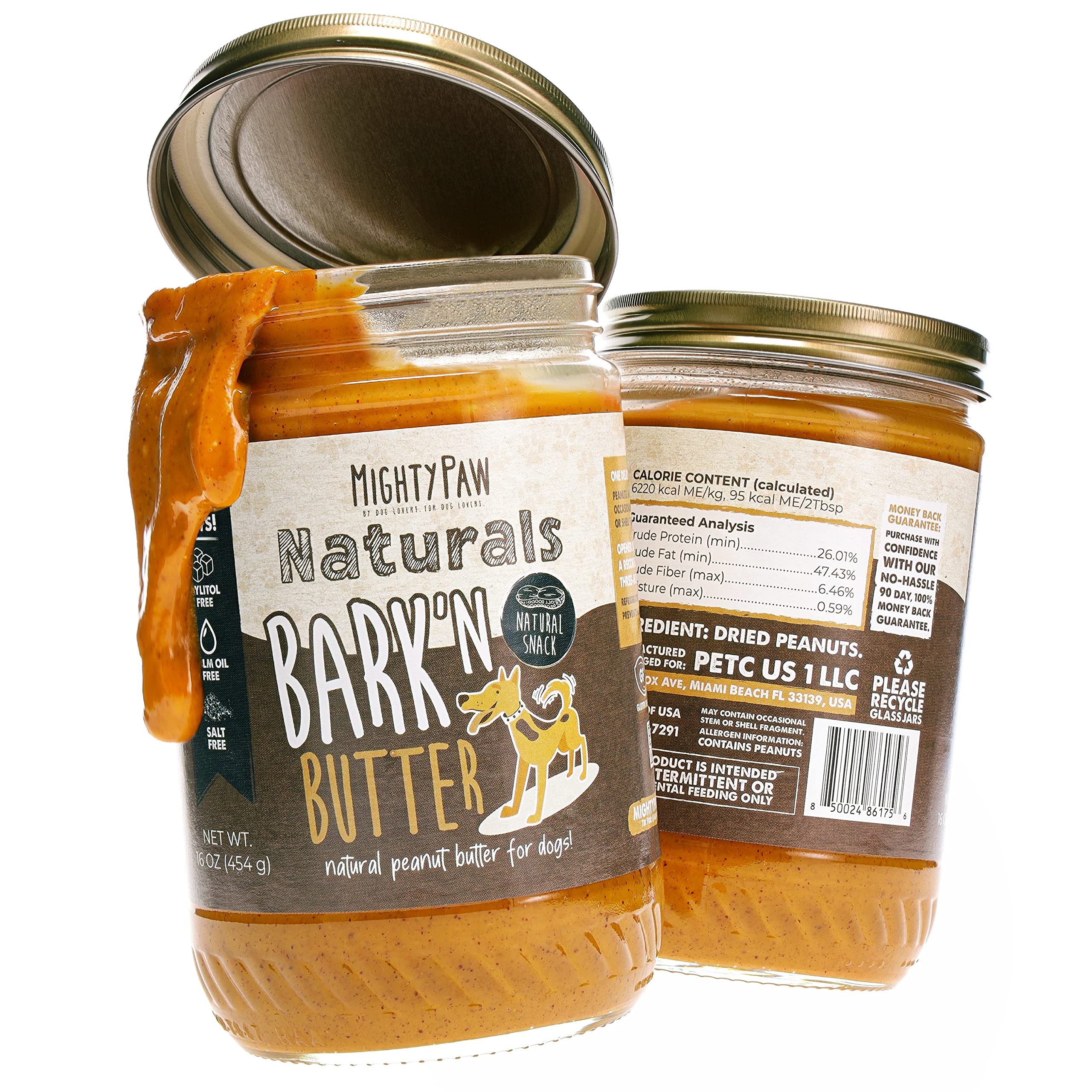 Mighty Paw Bark’n Butter jar front shows a USA-made, dog-safe peanut butter option for easy treats.