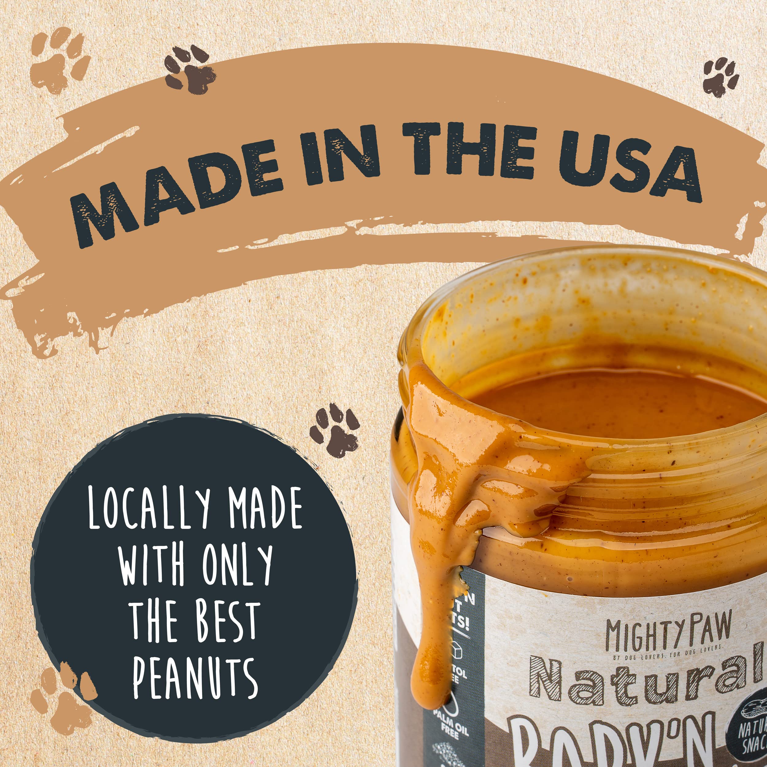 Mighty Paw Bark’n Butter label detail highlights clean, single-ingredient packaging.