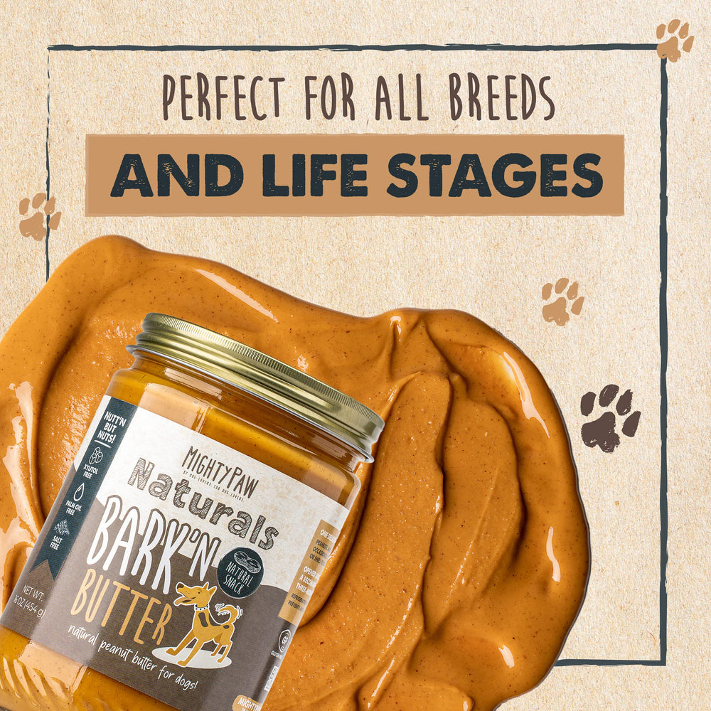 Mighty Paw Bark’n Butter peanuts image highlights simple, natural flavor.