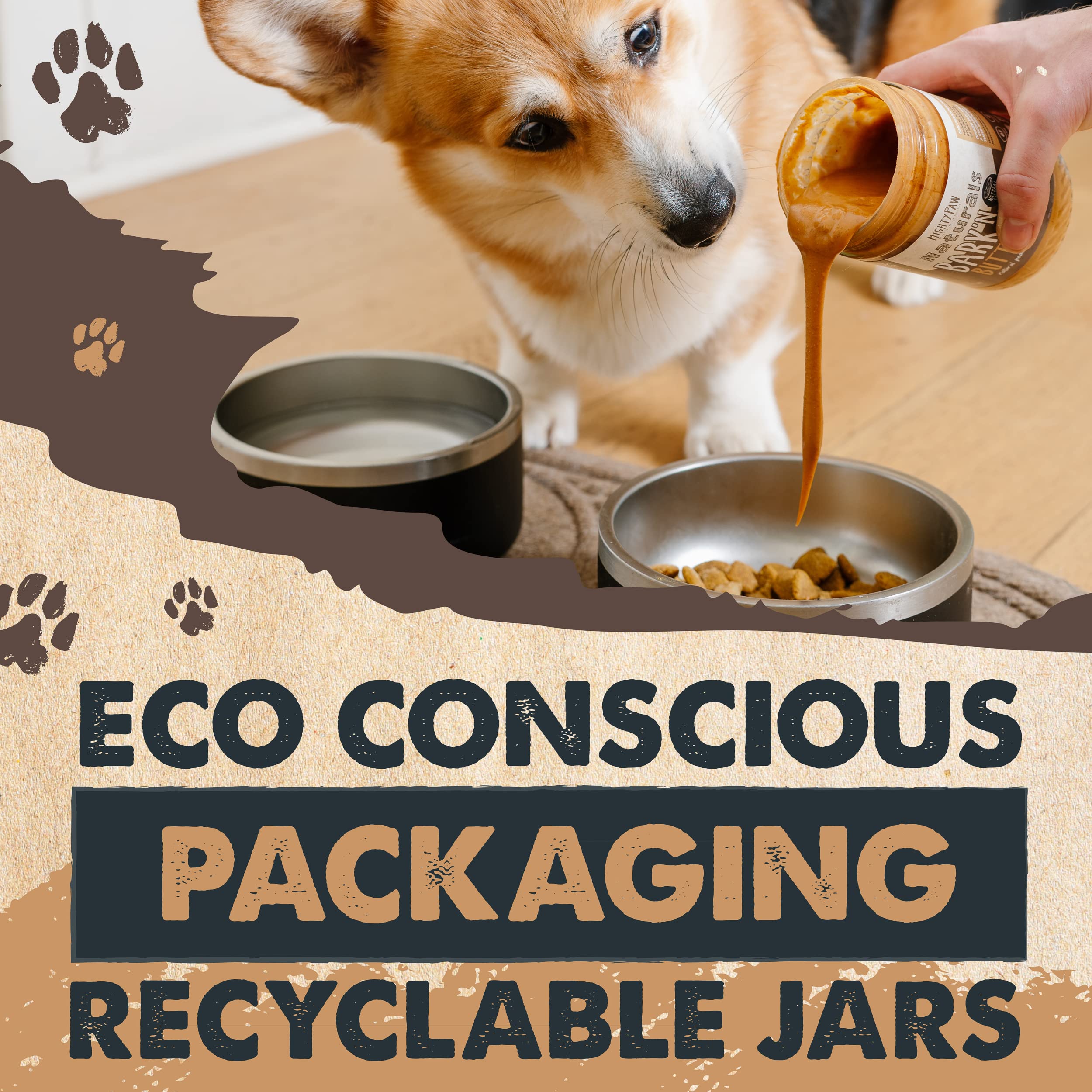 Mighty Paw Bark’n Butter recyclable-jars image communicates eco-friendly packaging.