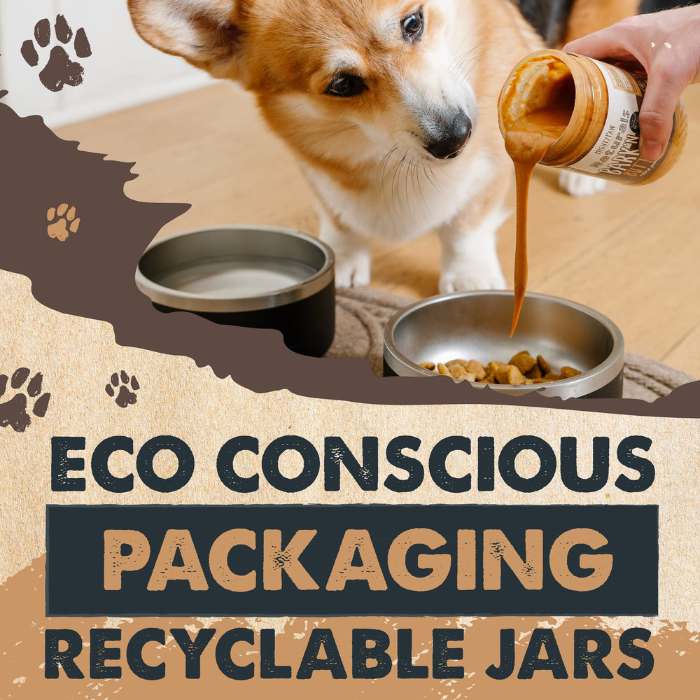 Mighty Paw Bark’n Butter recyclable-jars image communicates eco-friendly packaging.