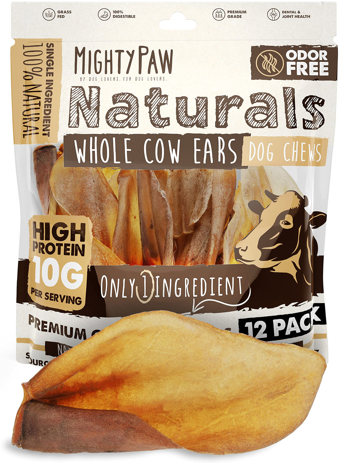 Mighty Paw cow ears for dogs, natural single-ingredient chew.