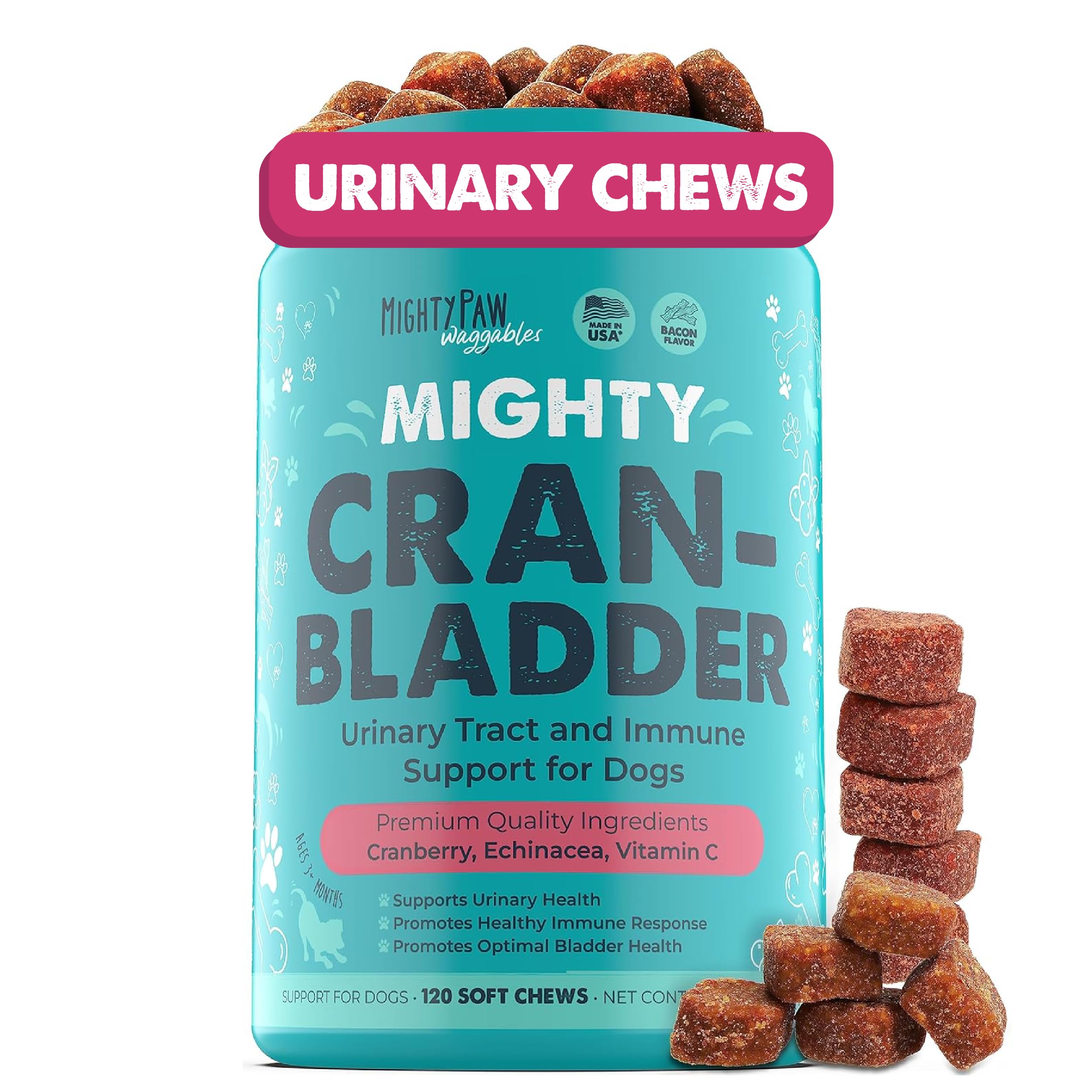 Mighty Paw Cran-Bladder bottle-front showing bacon-flavored cranberry chews for daily urinary support