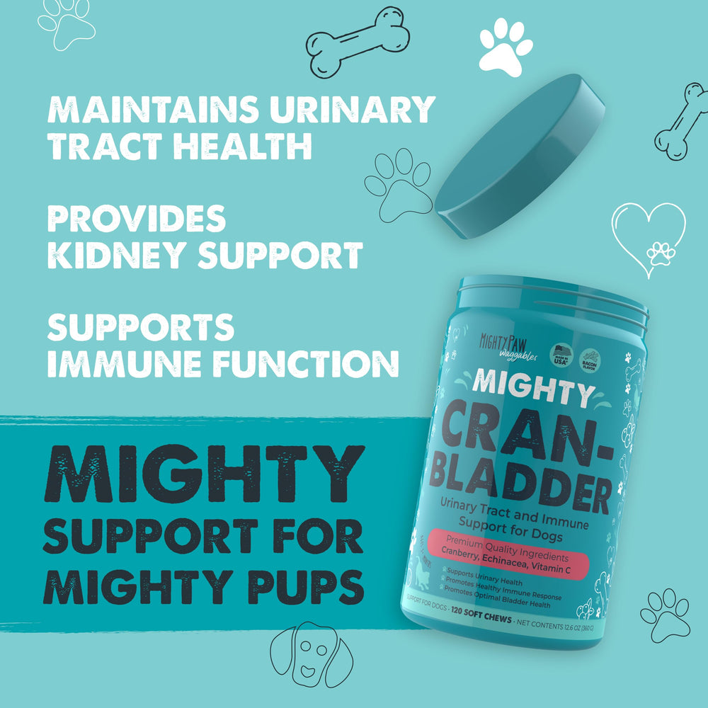 Mighty Paw Cran-Bladder bottle-side view highlighting USA-made dog supplement