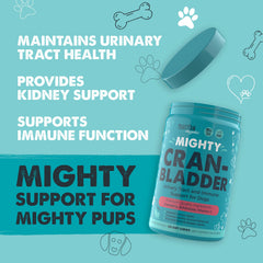 Mighty Paw Cran-Bladder bottle-side view highlighting USA-made dog supplement
