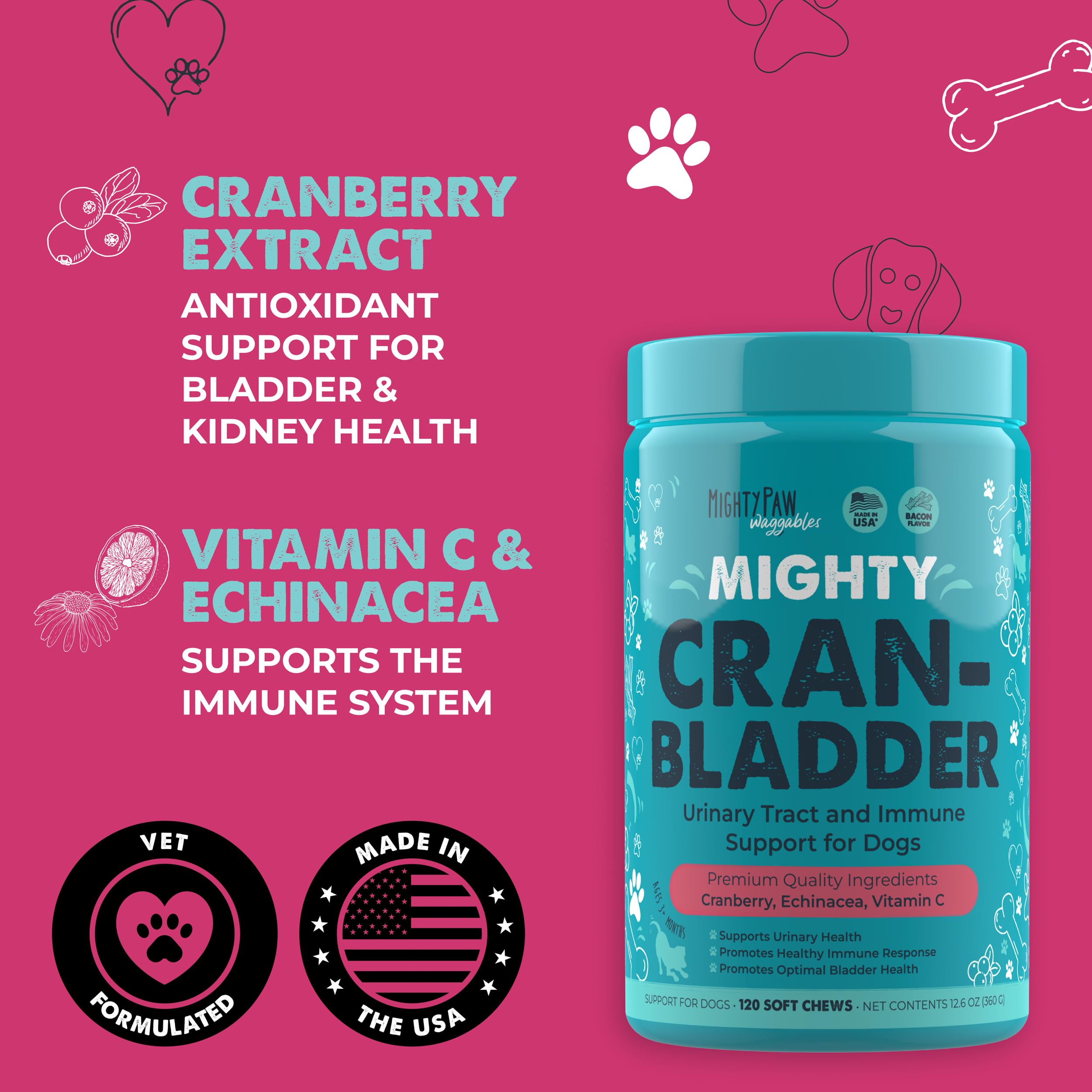 Mighty Paw Cran-Bladder pack-shot with soft chews and branding