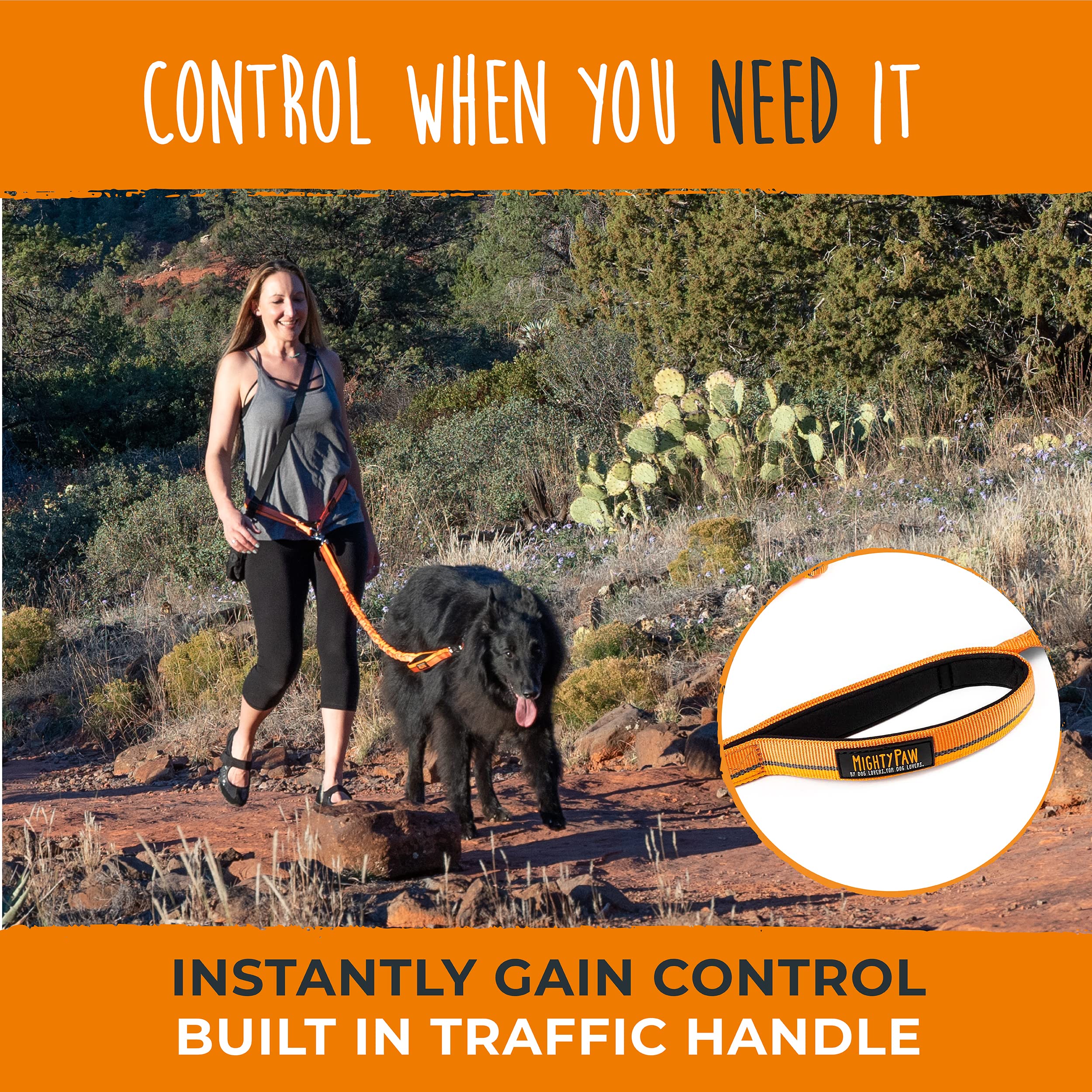 Mighty Paw hands-free leash in park setting supporting comfortable control.