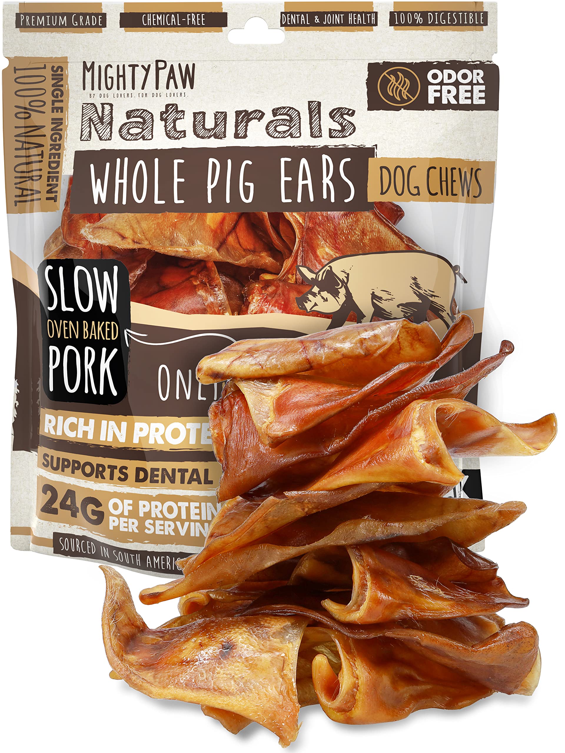 Mighty Paw Full Pig Ears dog chews promote dental hygiene during play.