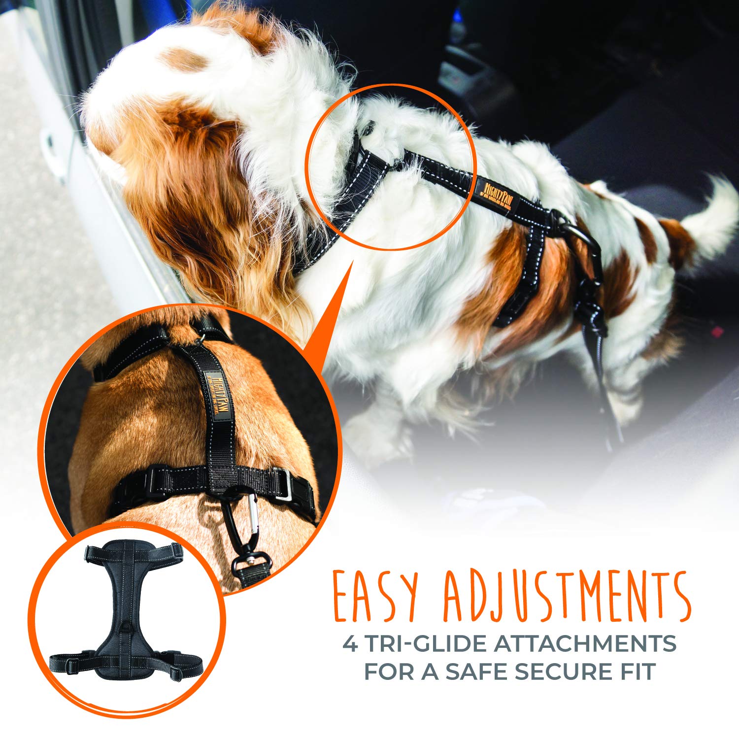 Mighty Paw harness displays durable metal hardware for lasting safety