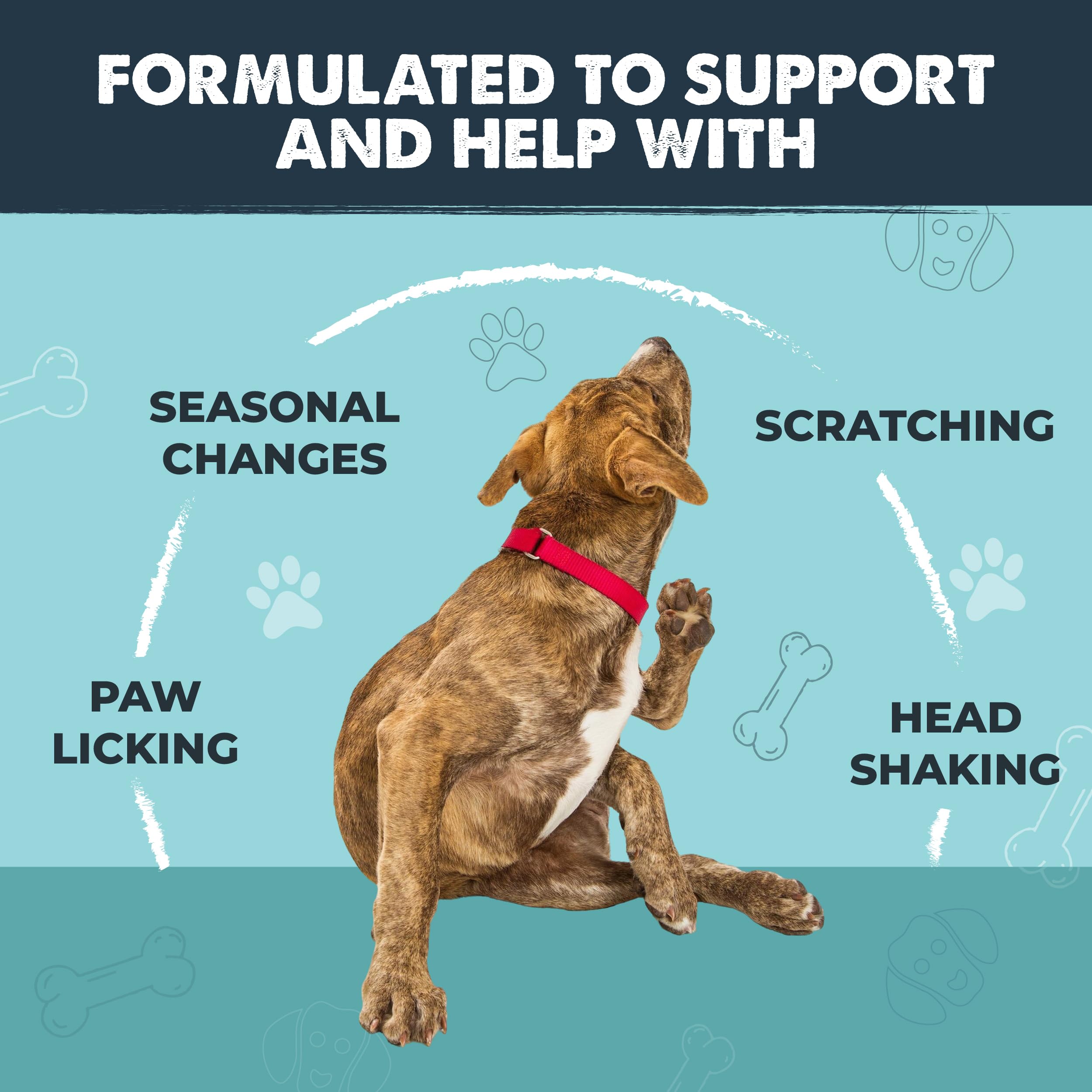 Mighty Paw itch-relief chews show calmer paws and reduced scratching.