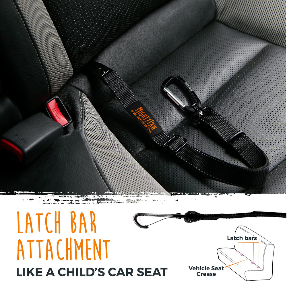 Mighty Paw latch-system hook provides reliable attachment with quick safety access.