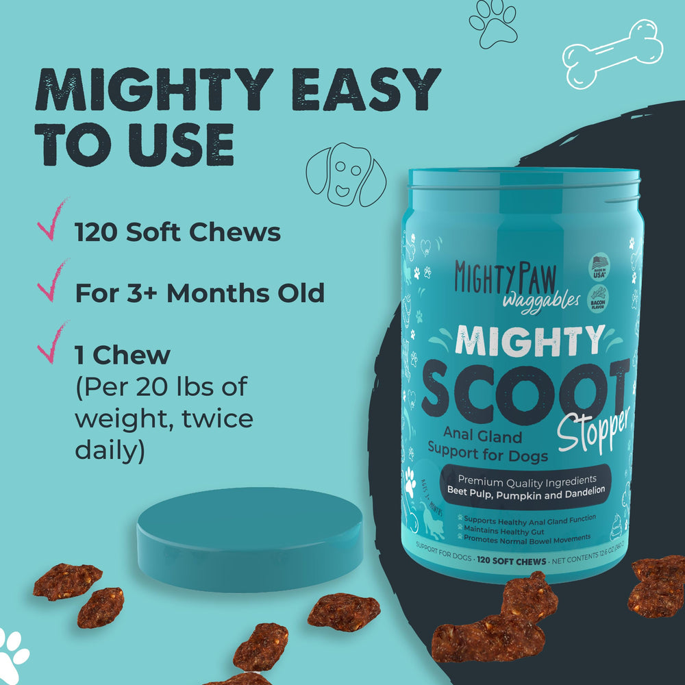 Mighty Paw Mighty Scoot bacon-flavored chews provide tasty daily dosing.
