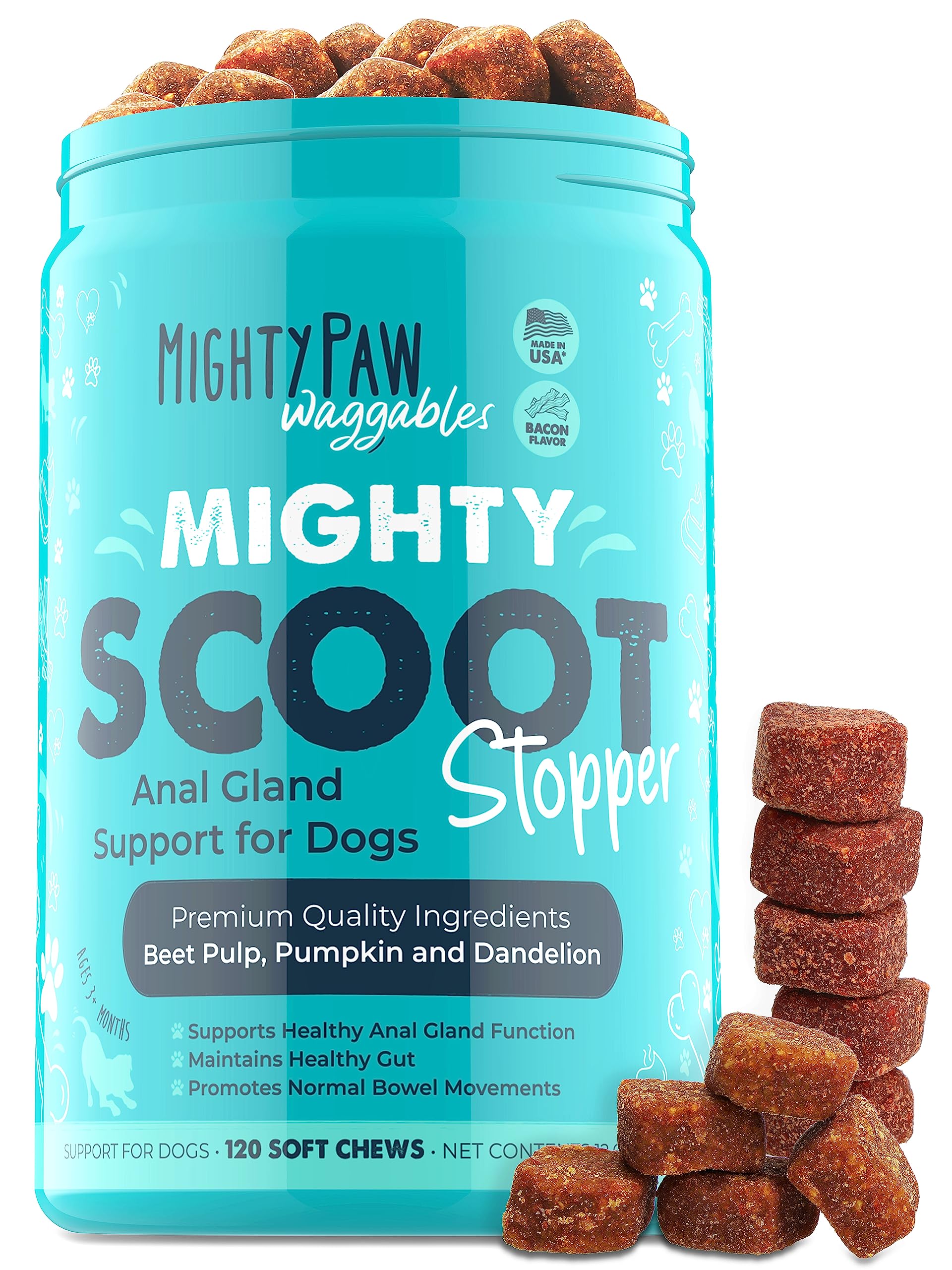 Mighty Paw Mighty Scoot bottle pour shows easy chews for digestive support.