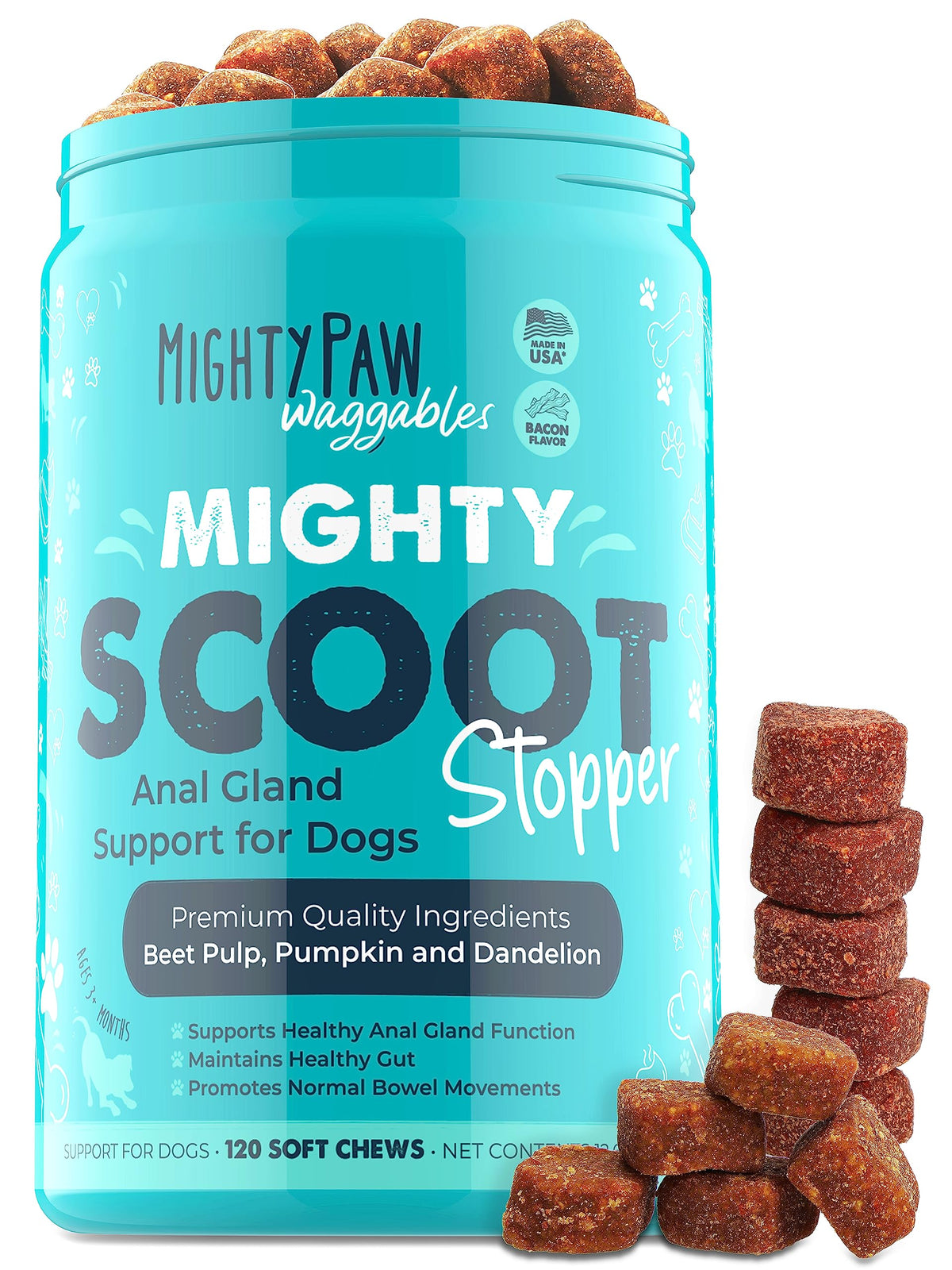 Mighty Paw Mighty Scoot bottle pour shows easy chews for digestive support.