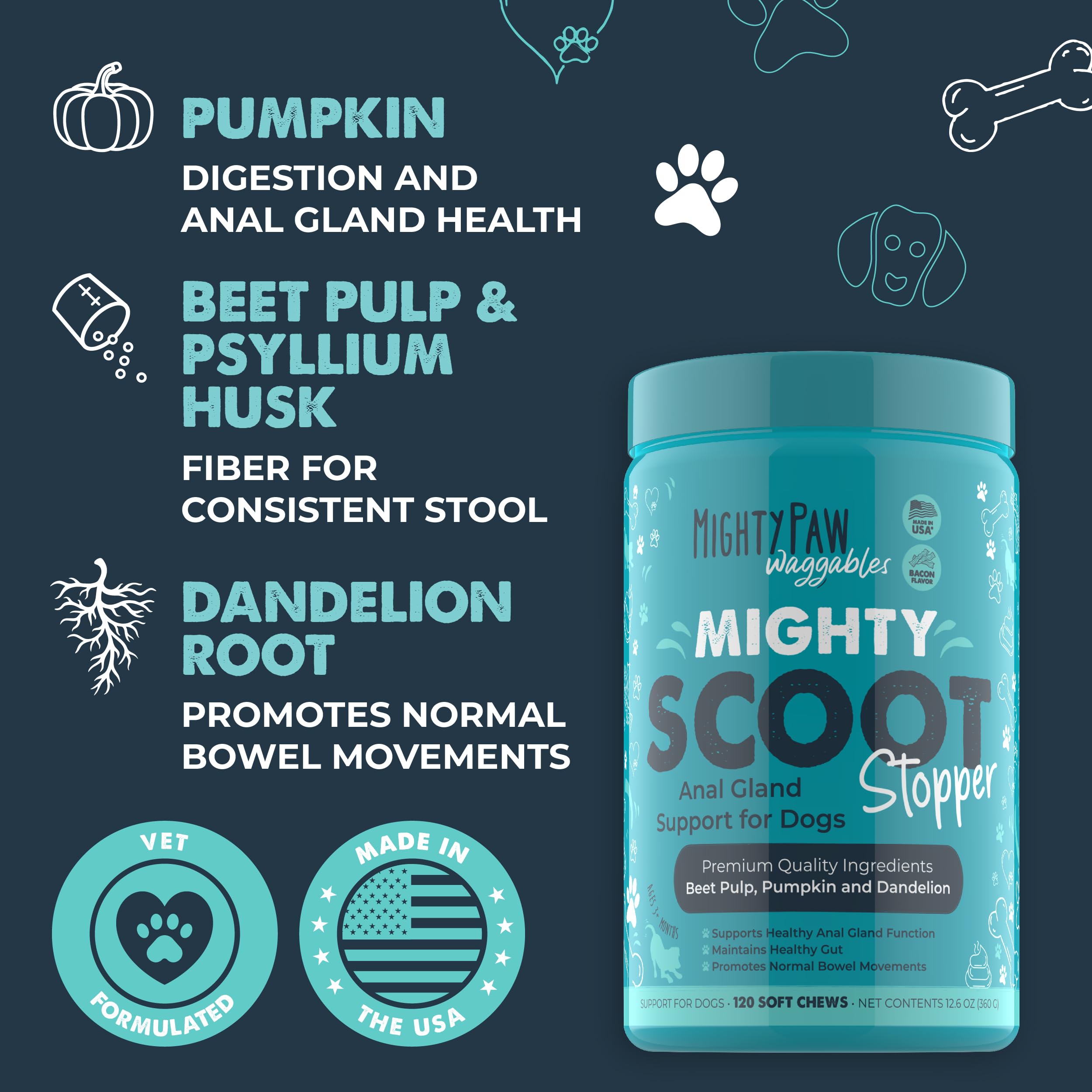 Mighty Paw Mighty Scoot dandelion root chews emphasize added fiber for digestion.