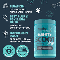 Mighty Paw Mighty Scoot dandelion root chews emphasize added fiber for digestion.