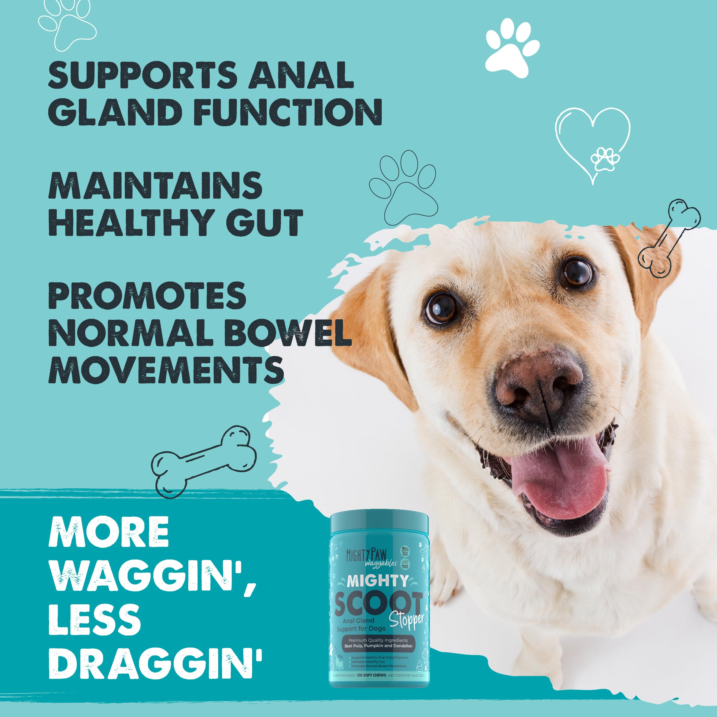 Mighty Paw Mighty Scoot pumpkin-beet blend chews highlight gut balance.