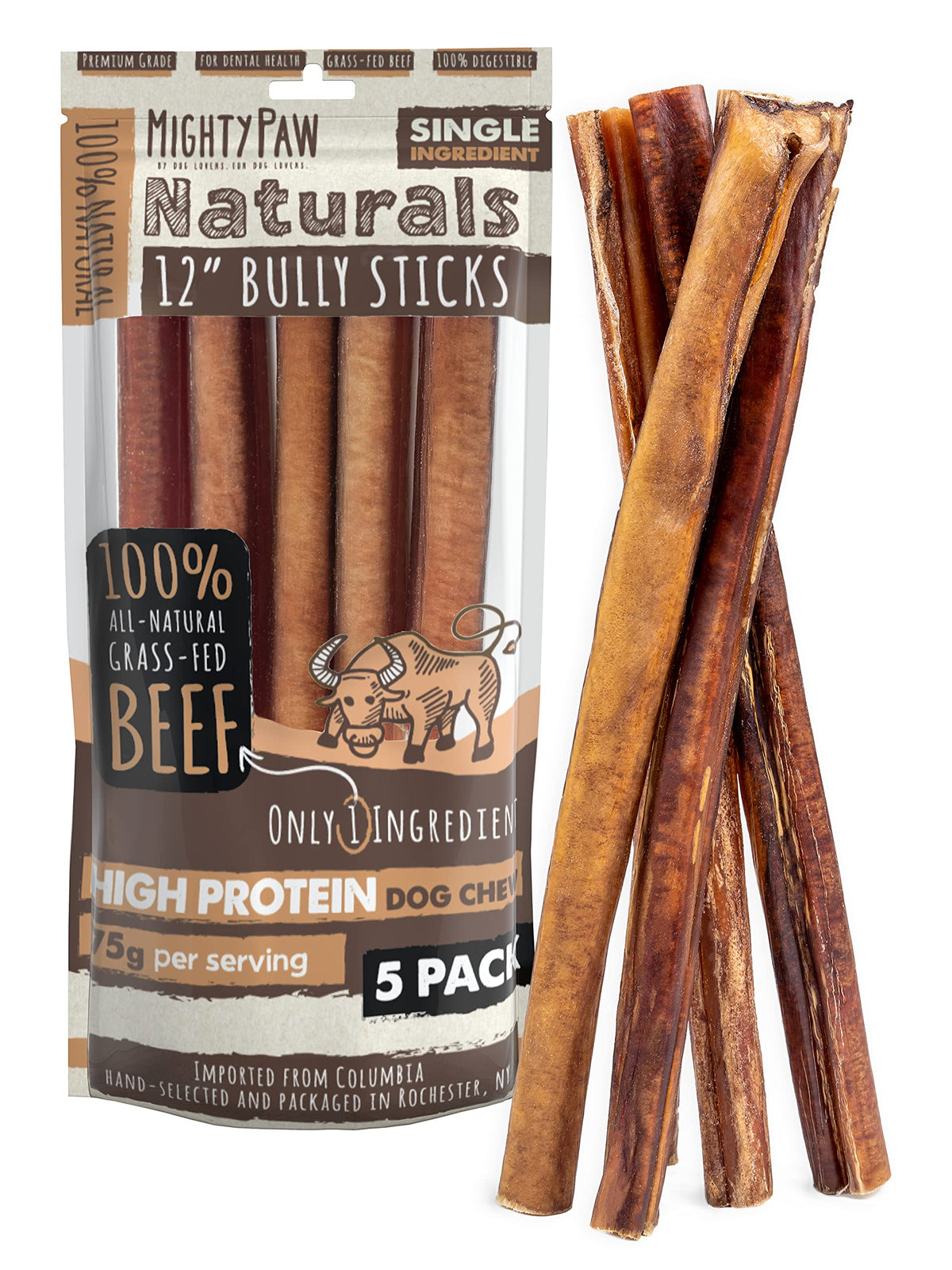 Mighty Paw Naturals bully sticks 12-inch pack shot for long-lasting dog chewing