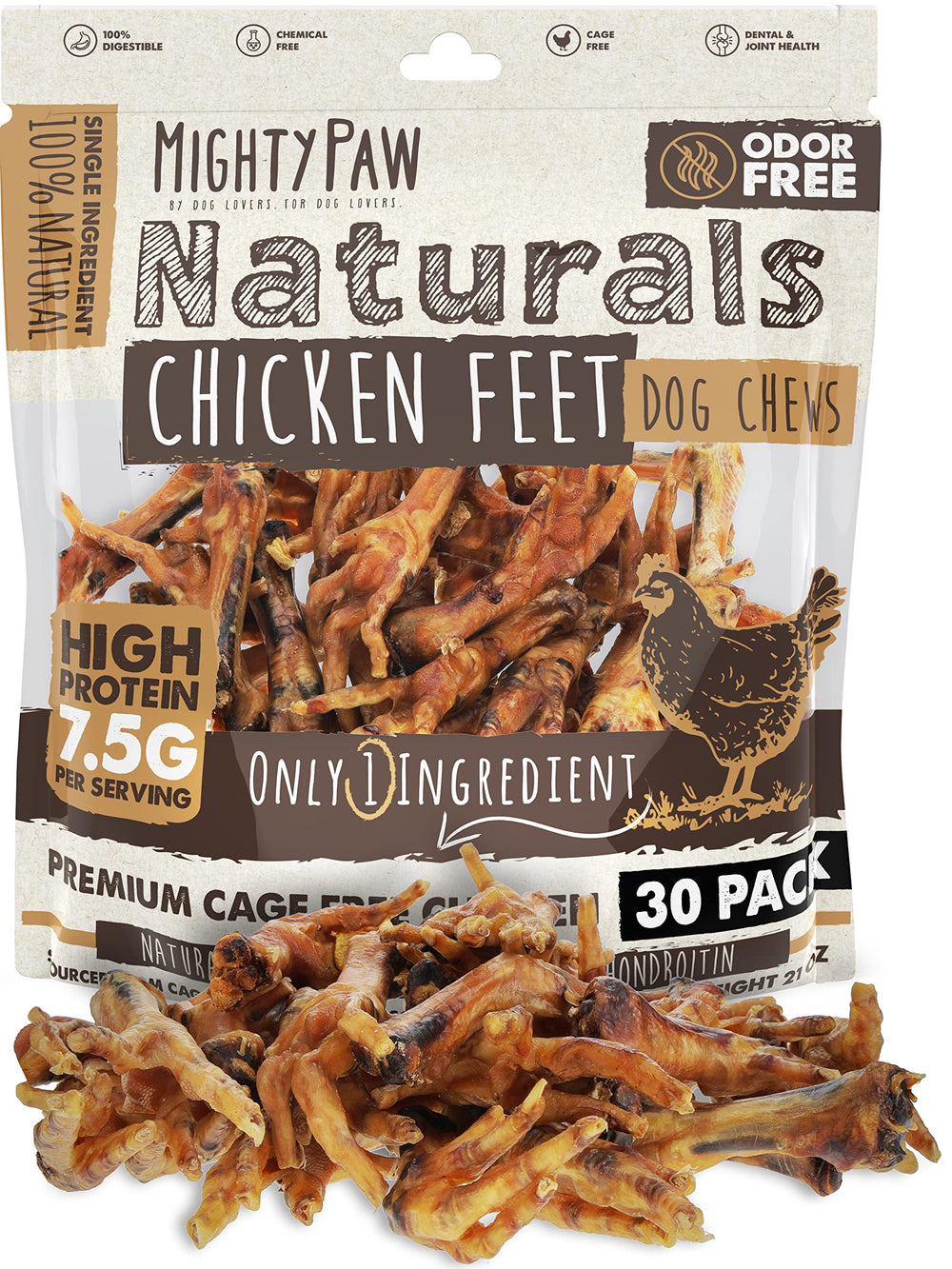 Mighty Paw Naturals chicken feet packaging shows a premium all natural treat for dogs