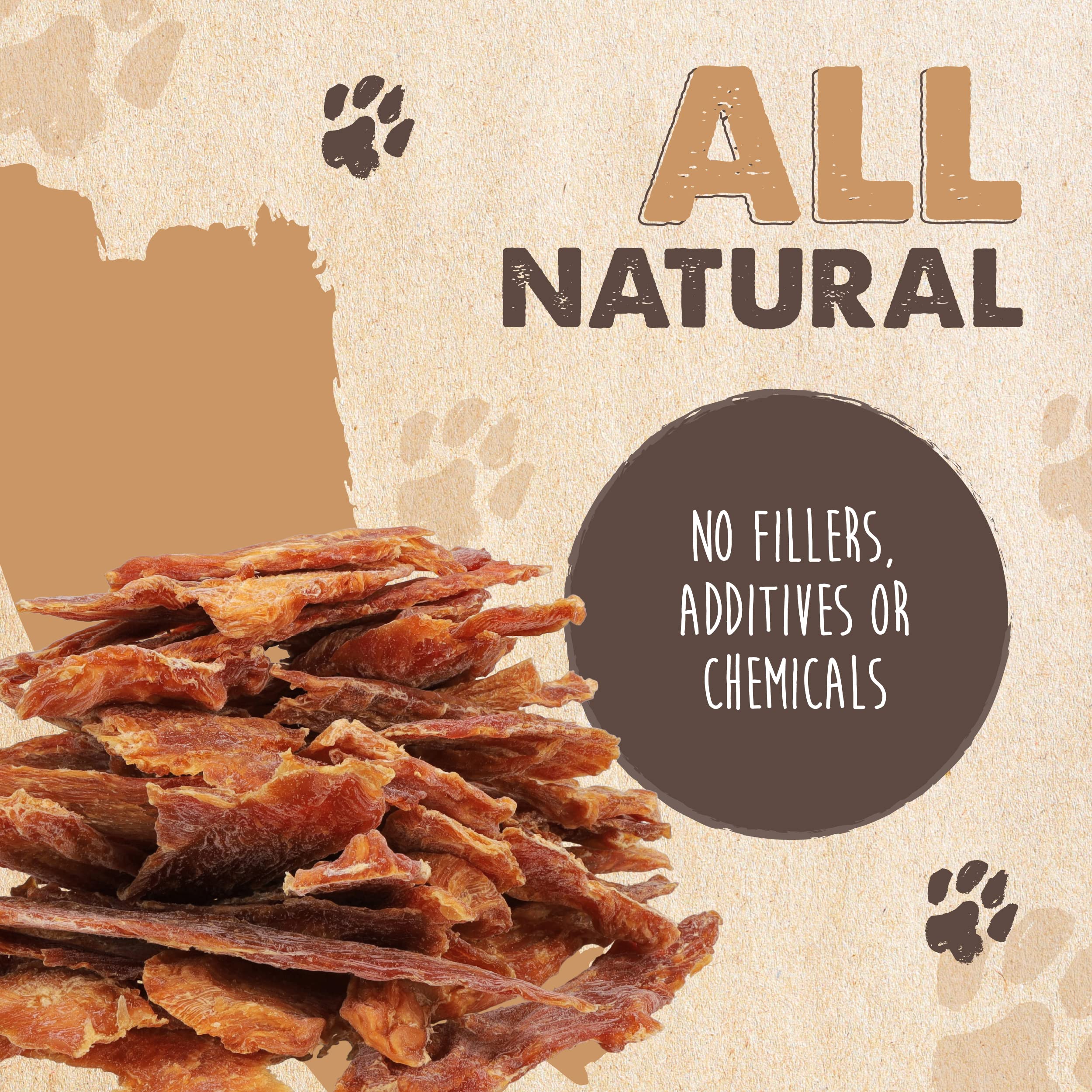 Close-up of Mighty Paw Naturals chicken jerky texture and color