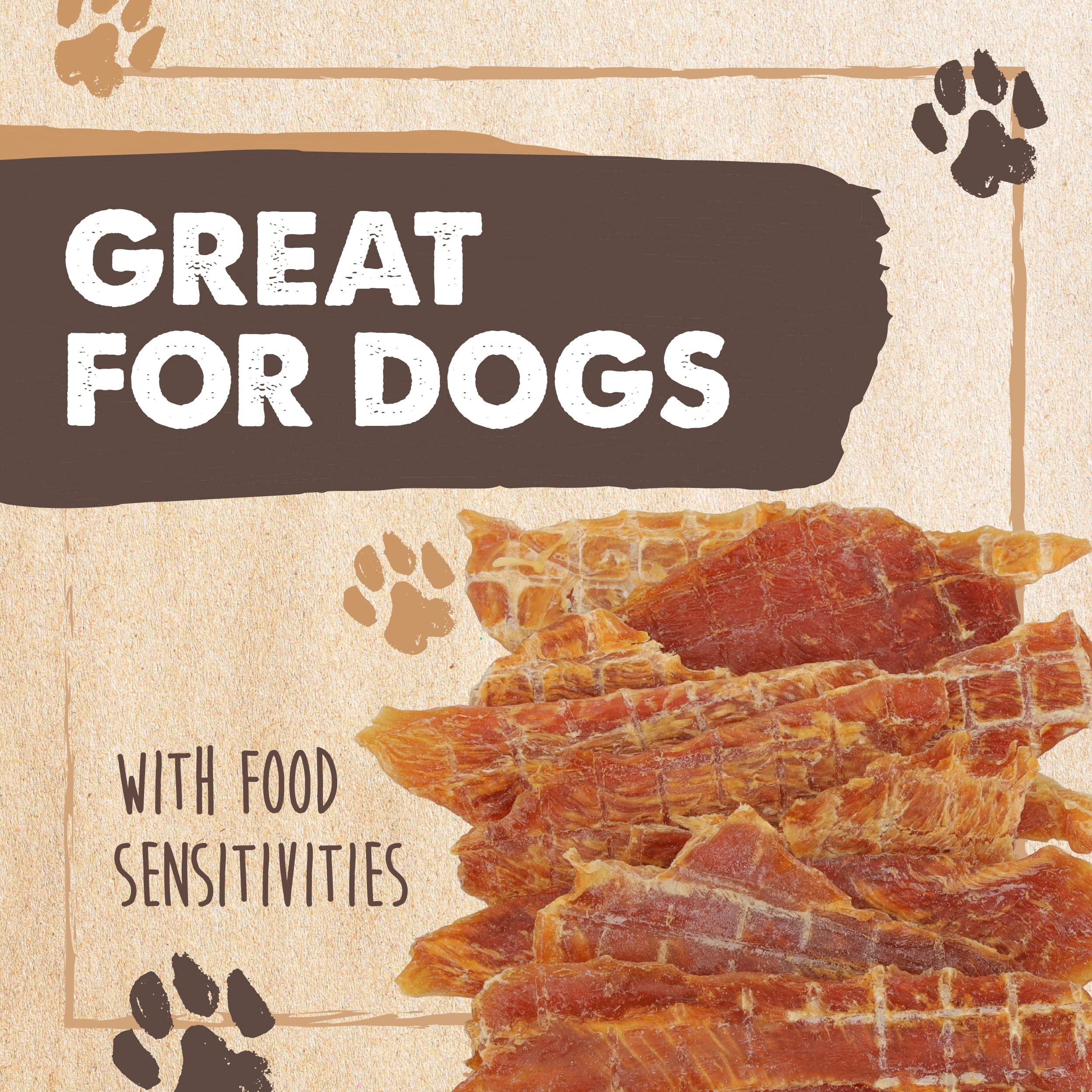 Dog chewing Mighty Paw Naturals chicken jerky, satisfying chew