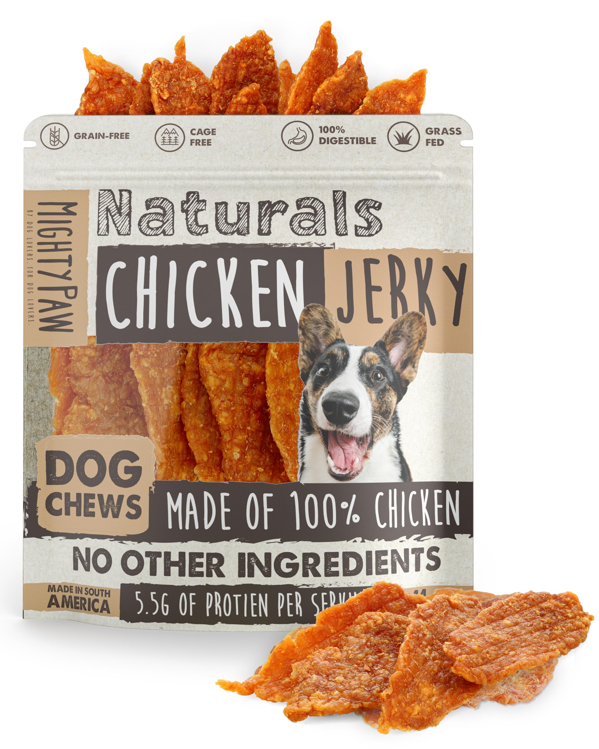 Mighty Paw Naturals chicken jerky packaging showing all-natural, single-ingredient chew