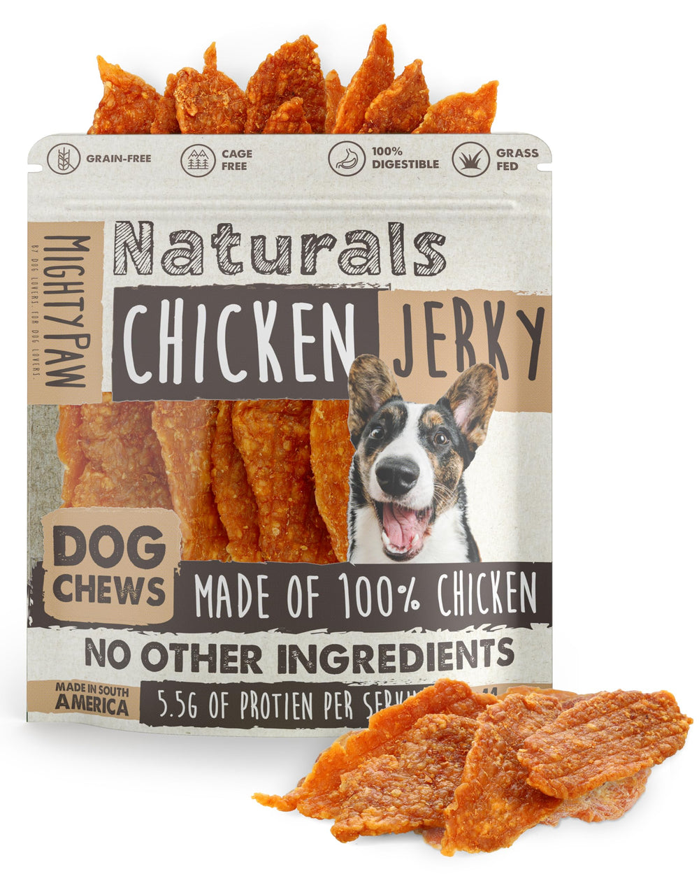 Mighty Paw Naturals chicken jerky packaging showing all-natural, single-ingredient chew