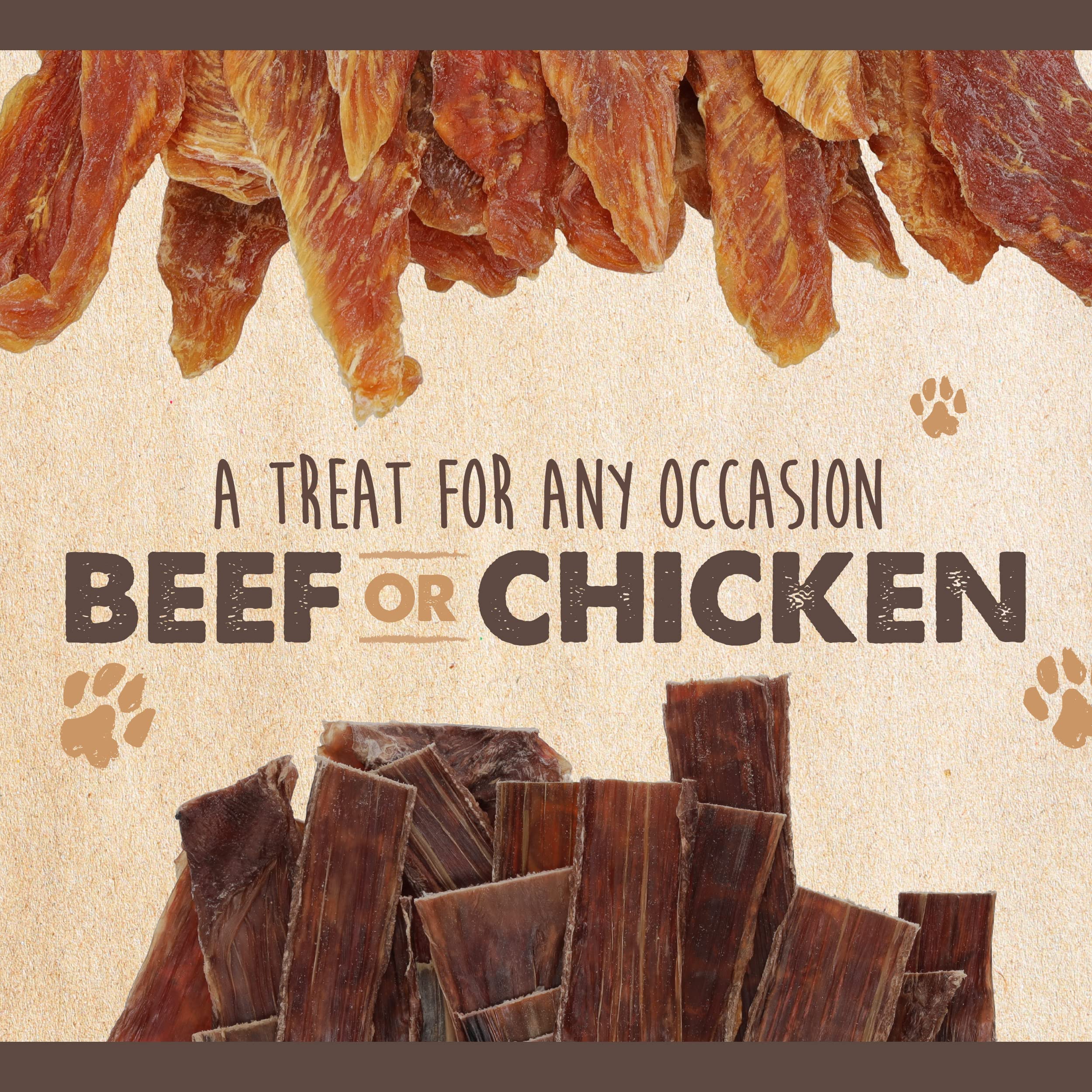 Mighty Paw Naturals display of natural chicken jerky, clear product visibility