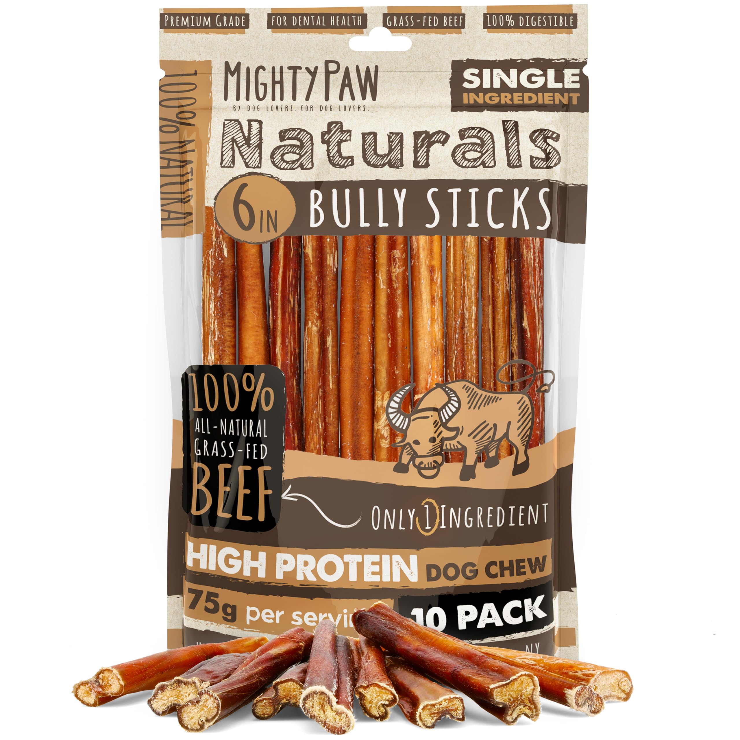 Mighty Paw Naturals bully sticks 6-inch chew for lasting dog entertainment and dental support.