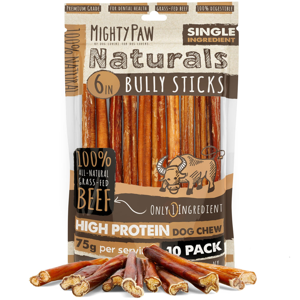 Mighty Paw Naturals bully sticks 6-inch chew for lasting dog entertainment and dental support.