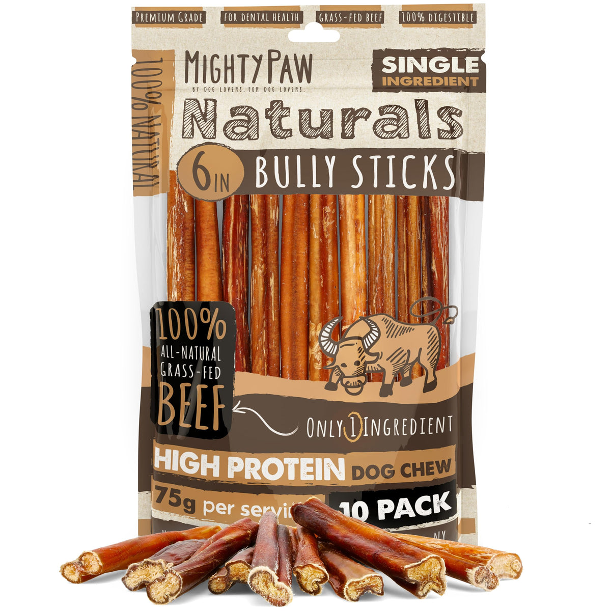 Mighty Paw Naturals bully sticks 6-inch chew for lasting dog entertainment and dental support.