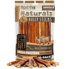 Mighty Paw Naturals bully sticks 6-inch chew for lasting dog entertainment and dental support.