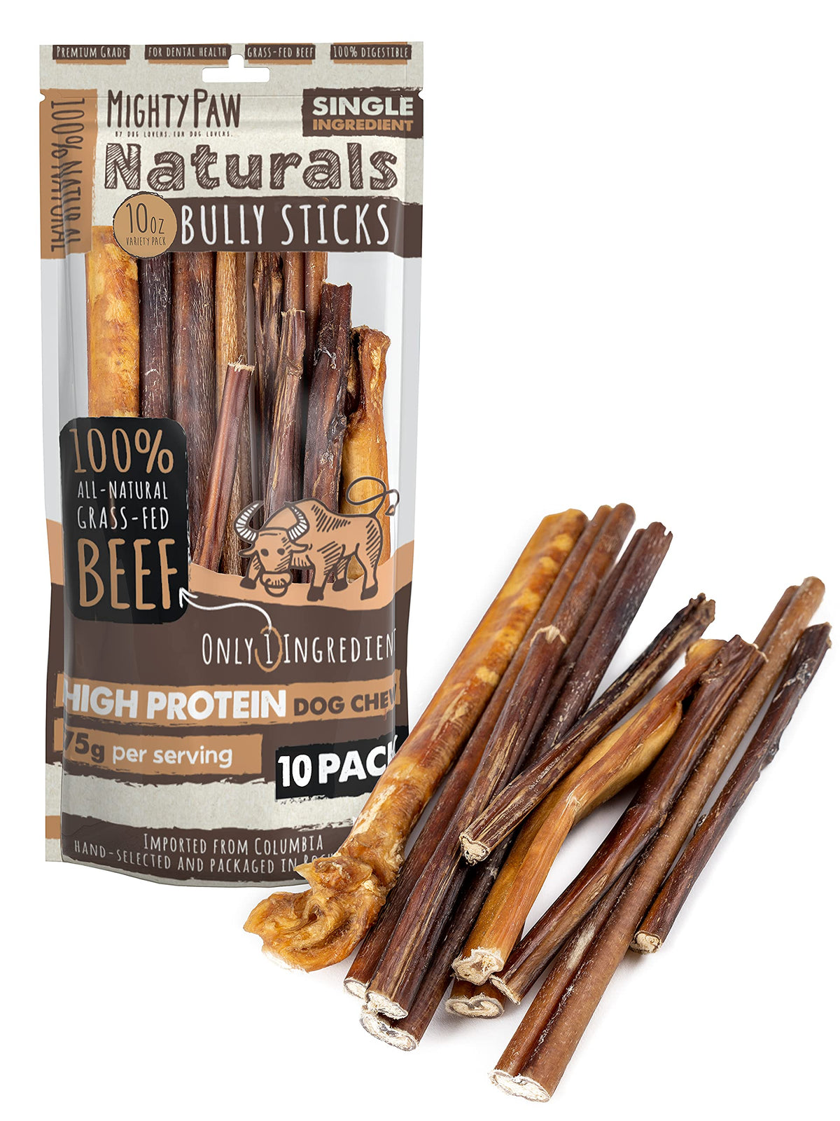 Mighty Paw Naturals variety pack bully sticks for dogs, perfect for long-lasting chews.