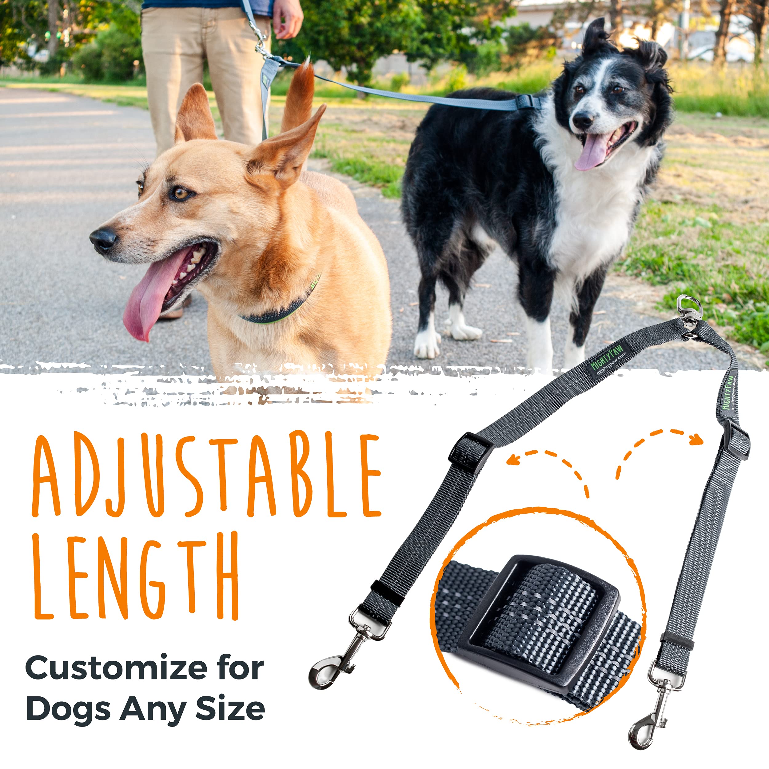 Mighty Paw neoprene padded handle offers comfortable grip on long walks.