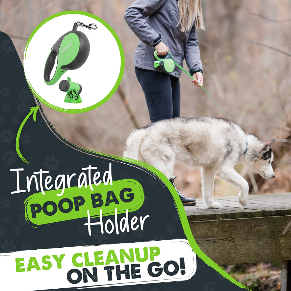Mighty Paw retractable leash with U shaped guide reduces tangles during walks.