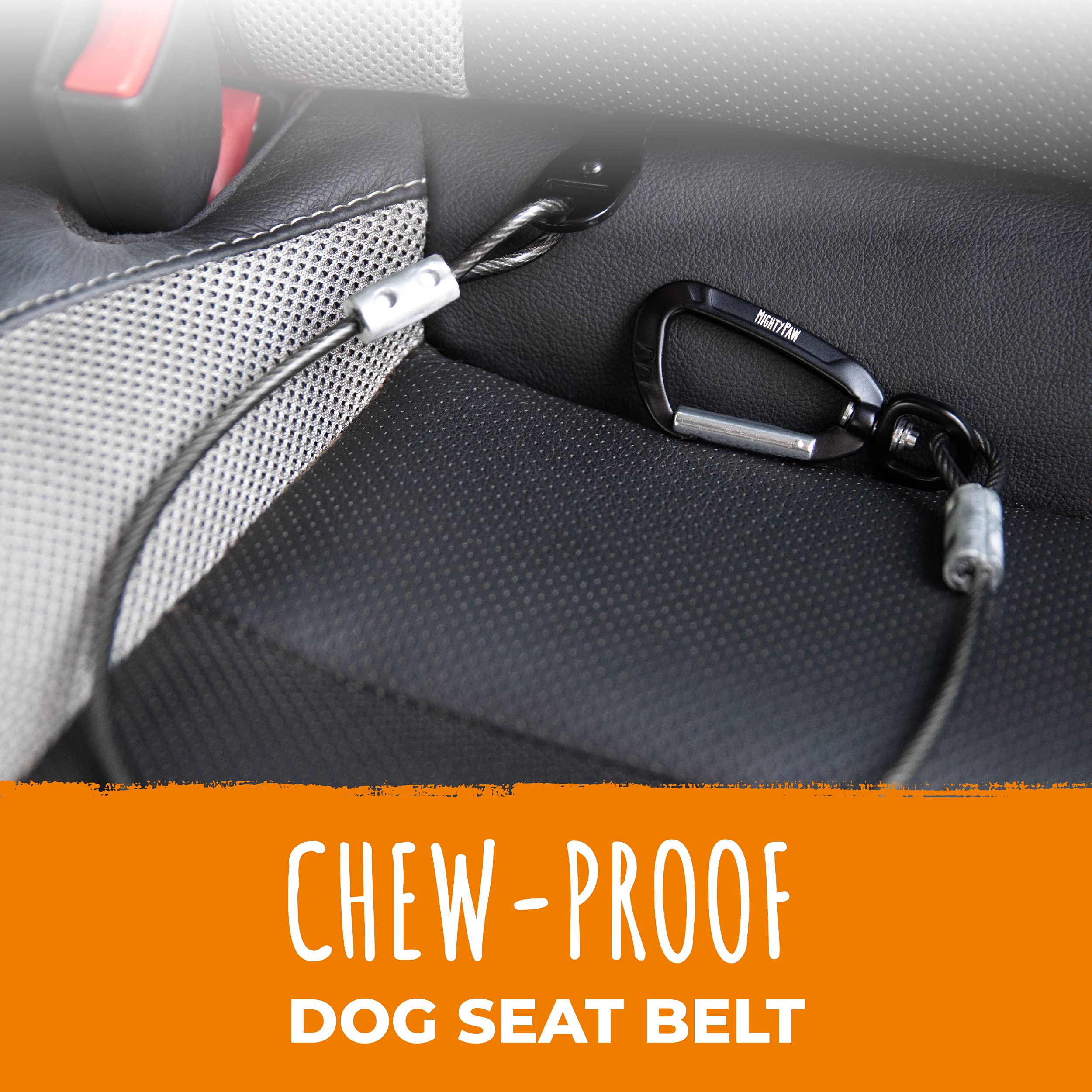 Mighty Paw seat belt braided-steel close-up demonstrates extreme chew resistance.