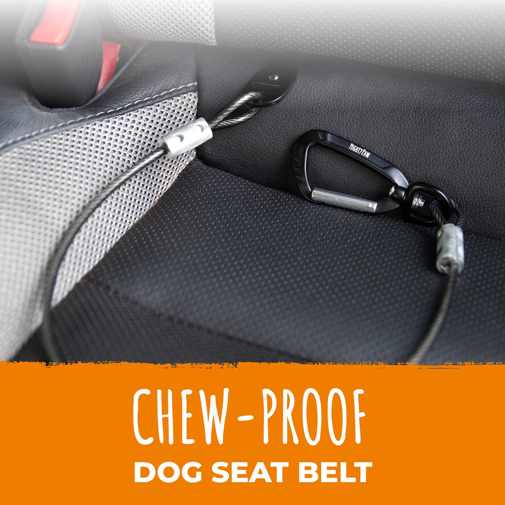 Mighty Paw seat belt braided-steel close-up demonstrates extreme chew resistance.
