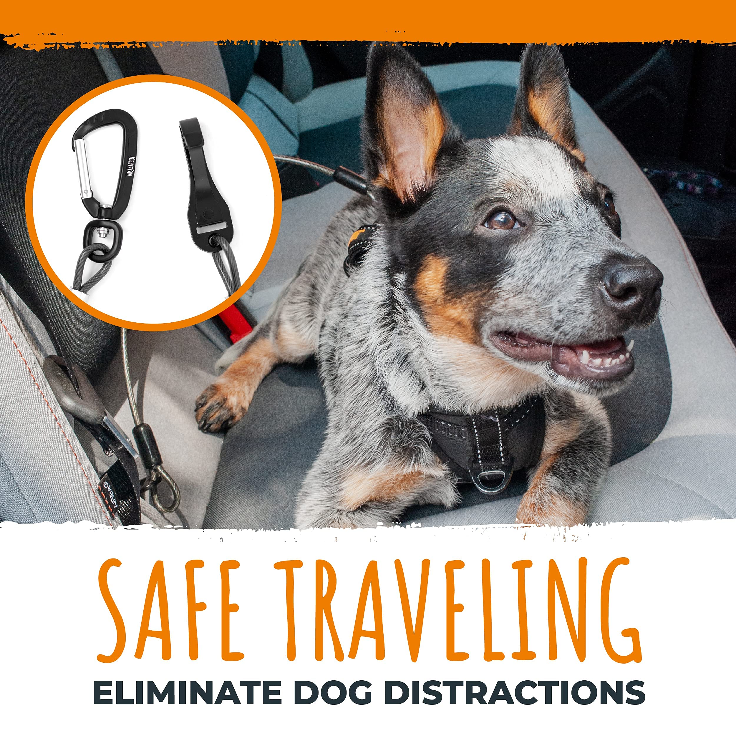 Mighty Paw seat belt swivel feature prevents tangling during rides.