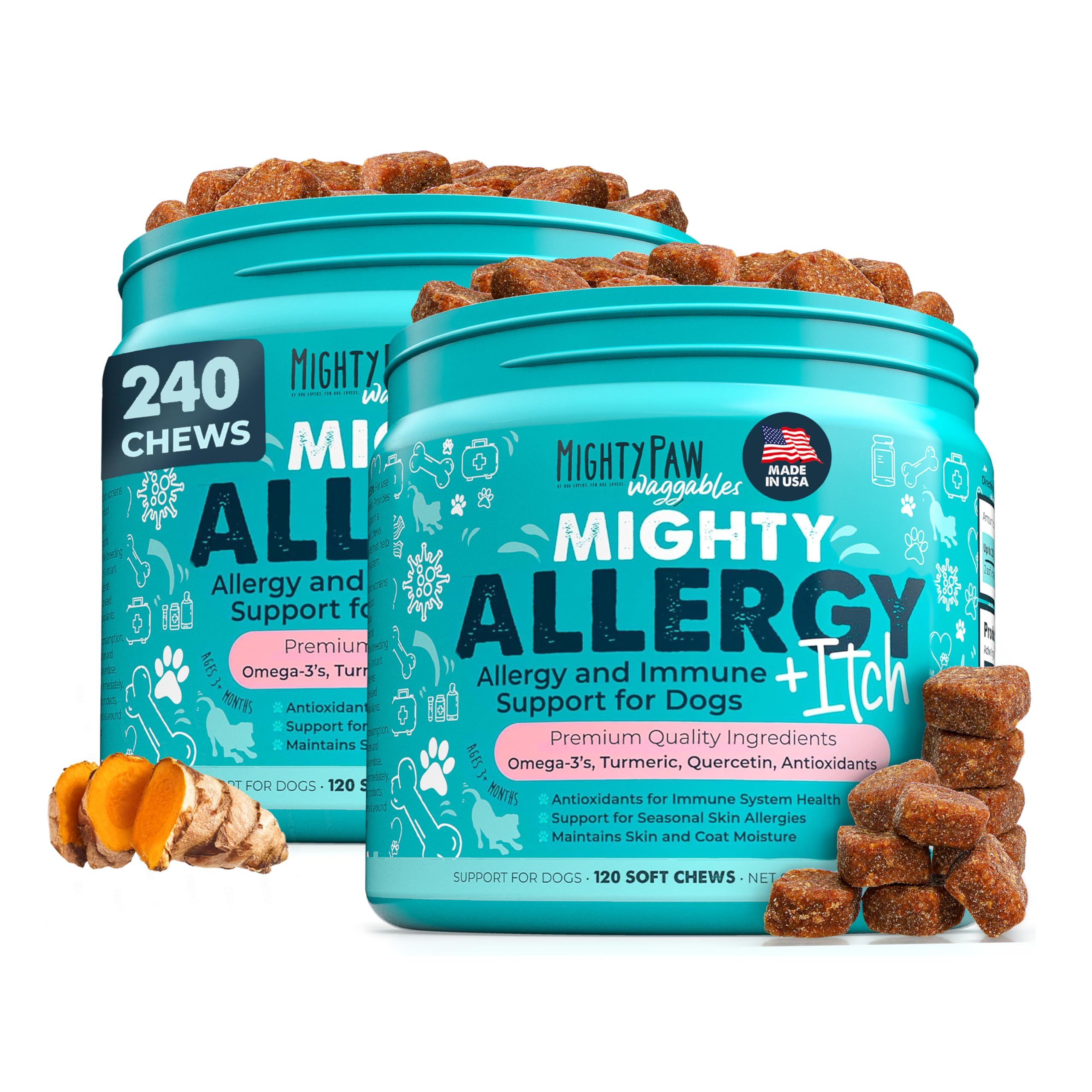 Mighty Paw Waggables bottle with bacon-flavored allergy-immune chews for easy dosing