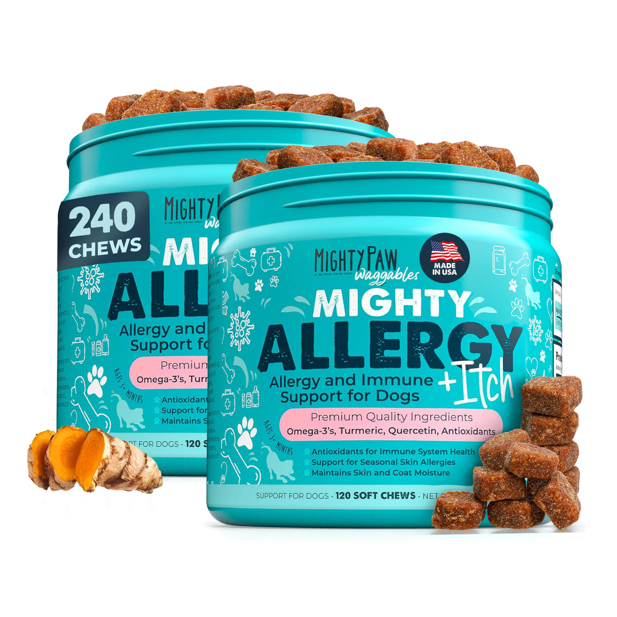 Mighty Paw Waggables bottle with bacon-flavored allergy-immune chews for easy dosing