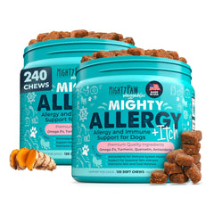 Mighty Paw Waggables bottle with bacon-flavored allergy-immune chews for easy dosing