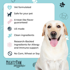 Ingredients panel on Mighty Paw Waggables packaging highlights Omega 3 and Quercetin