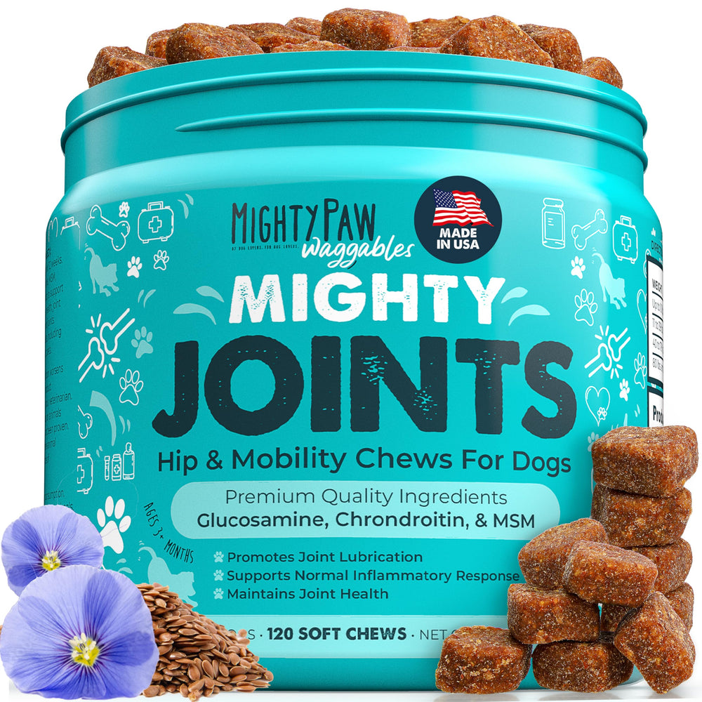 Mighty Paw Waggables bottle with bacon flavored chews for dogs