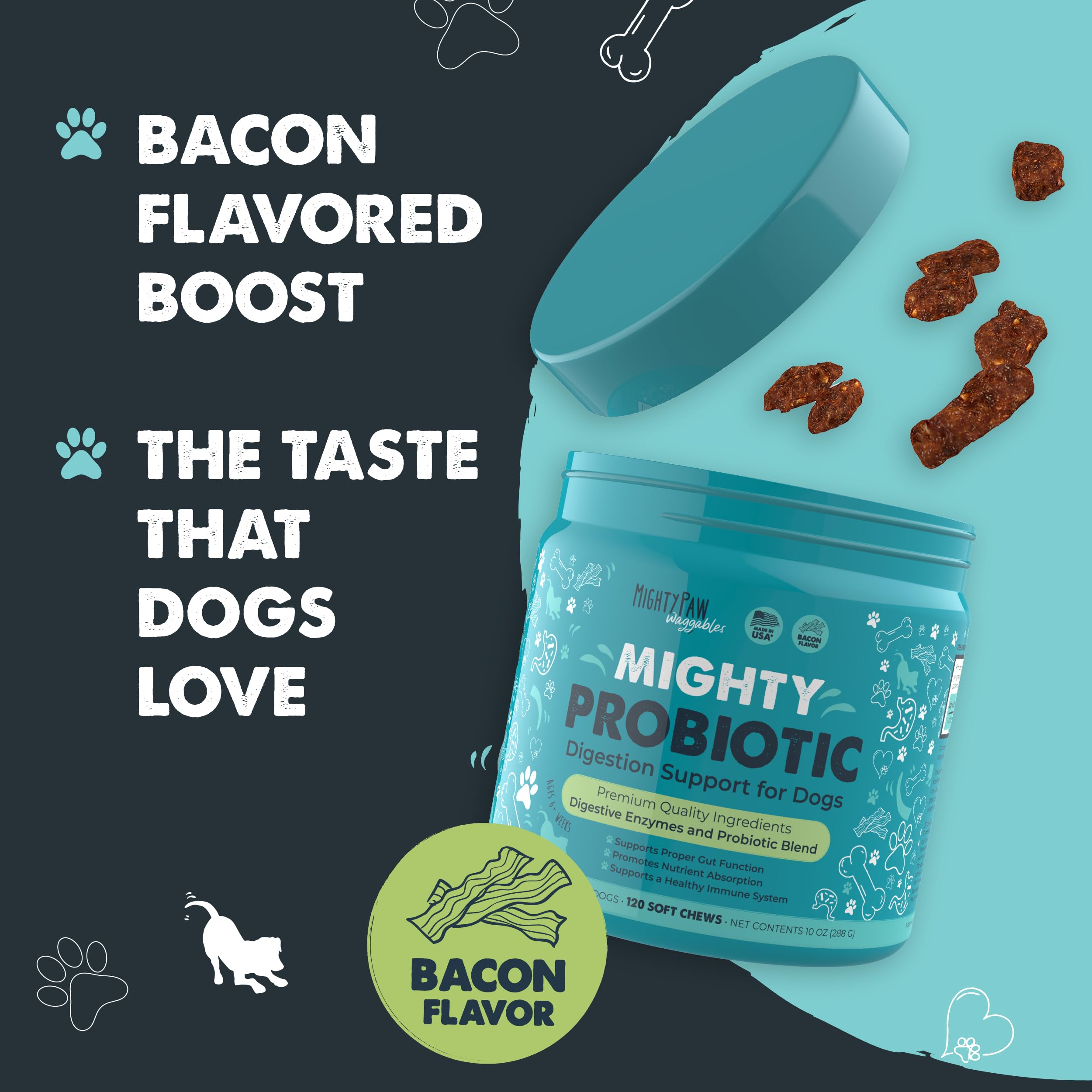 Chews beside ingredient label emphasizing prebiotics and enzymes