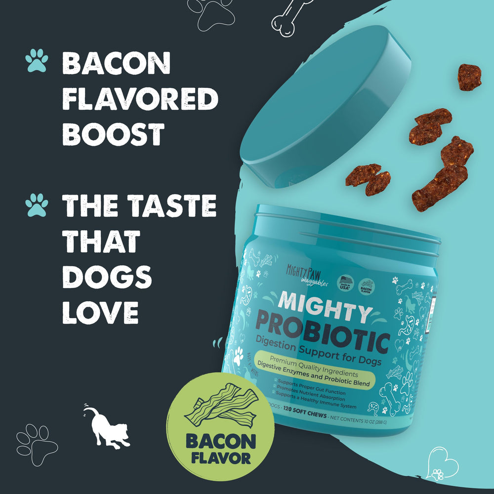 Chews beside ingredient label emphasizing prebiotics and enzymes